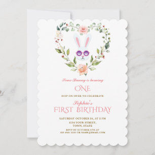Invitación Cumpleaños de Conejito Adorable Flores Rosadas Cor