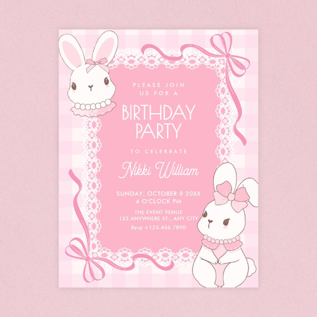 Invitación Cumpleaños de conejito con lazo rosa lindo (Subido por el creador)