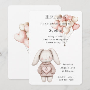 Invitación Cumpleaños de conejito corazones rosados