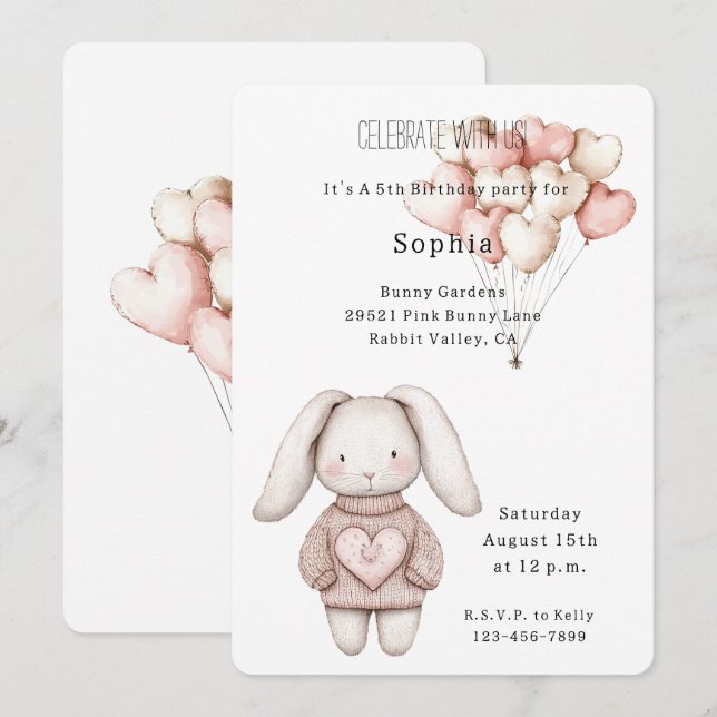 Invitación Cumpleaños de conejito corazones rosados (Anverso / Reverso)