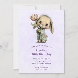 Invitación Cumpleaños de conejito lindo sosteniendo un tulipá