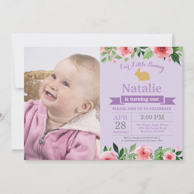 Invitación Cumpleaños de conejito niña huevo de Pascua 1er Pr (Anverso)