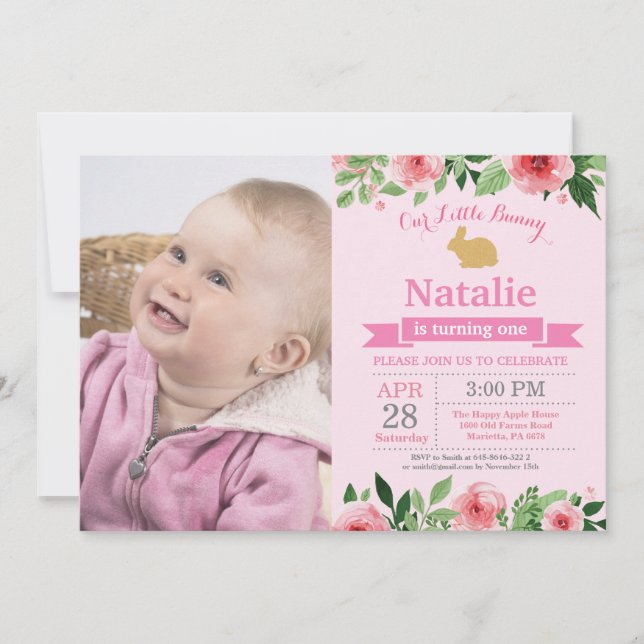 Invitación Cumpleaños de conejito niña huevo de Pascua 1er Pr (Anverso)