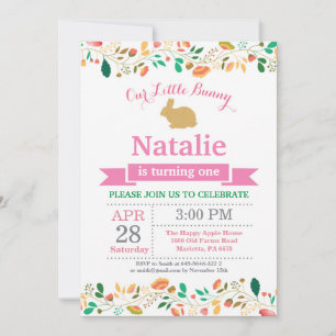 Invitación Cumpleaños de conejito niña huevo de Pascua 1er Pr