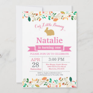 Invitación Cumpleaños de conejito niña huevo de Pascua 1er Pr