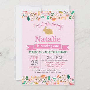 Invitación Cumpleaños de conejito niña huevo de Pascua 1er Pr