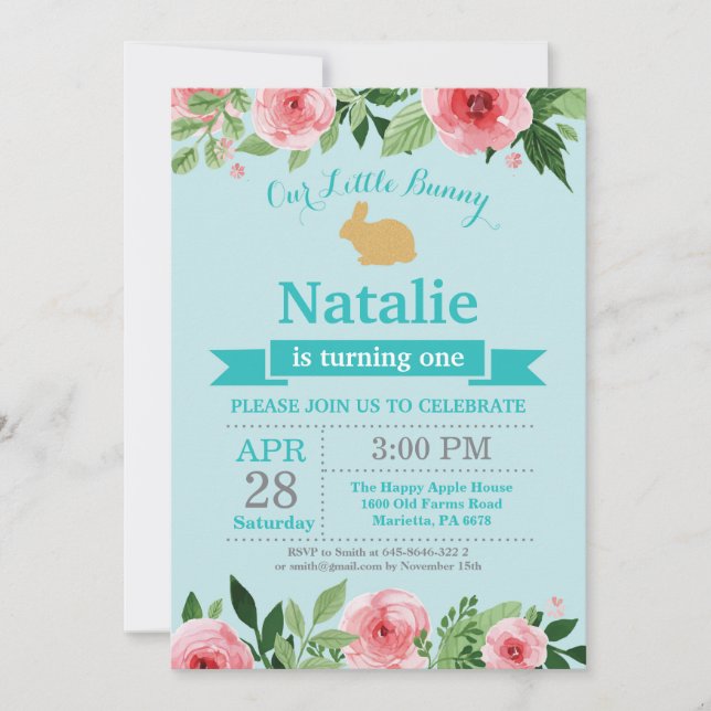 Invitación Cumpleaños de conejito, niña, huevo de Pascua, pri (Anverso)
