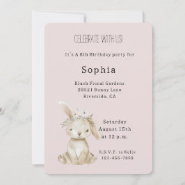 Invitación Cumpleaños de conejo de flores rosa rubor