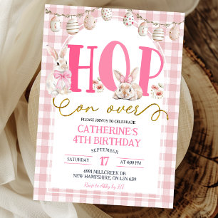 Invitación Cumpleaños de conejo Gingham Boho Floral Hop on ov