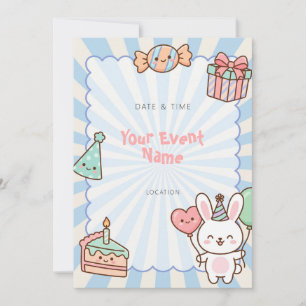 Invitación Cumpleaños de conejo Kawaii Blue Starburst