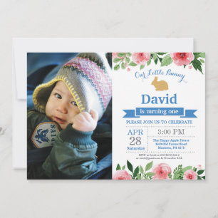 Invitación Cumpleaños de conejo niño huevo de Pascua 1er Prim