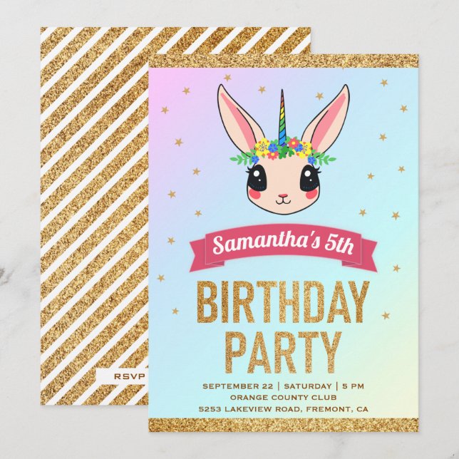 Invitación Cumpleaños de conejo unicornio con brillo dorado m (Anverso / Reverso)