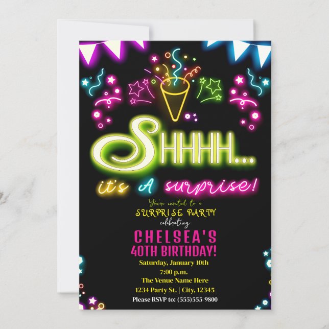 Invitación Cumpleaños de Confeti Neon de Fiesta Sorpresa (Anverso)