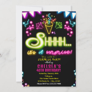 Invitación Cumpleaños de Confeti Neon de Fiesta Sorpresa Shhh