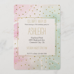 Invitación Cumpleaños de Confetti de Oro Rosa Mint
