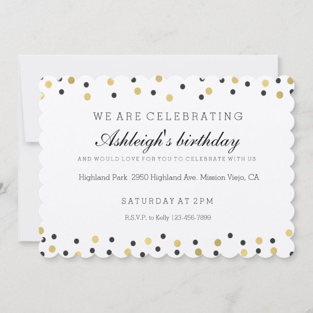 Invitación cumpleaños de Confetti de oro y negro de moda (Anverso)