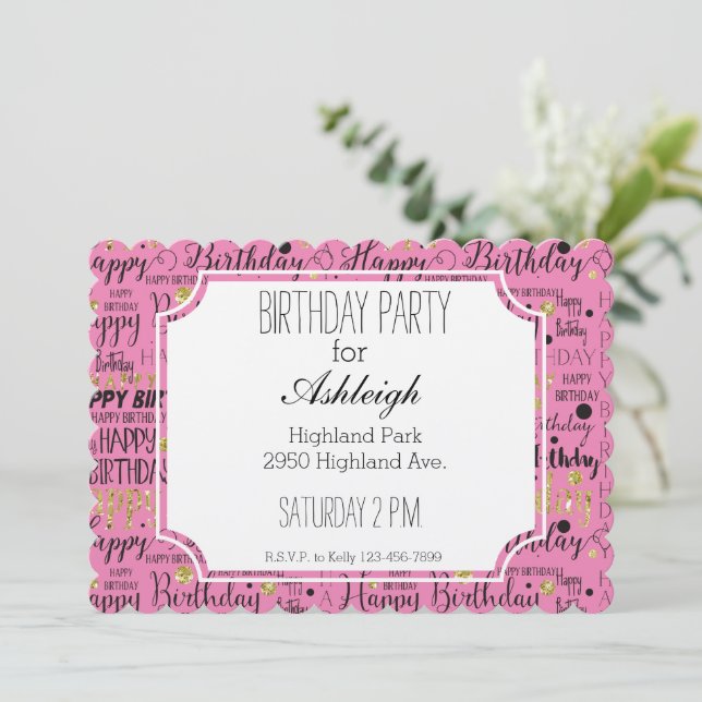 Invitación Cumpleaños de Confetti Negro de Oro Rosa (Anverso de pie)