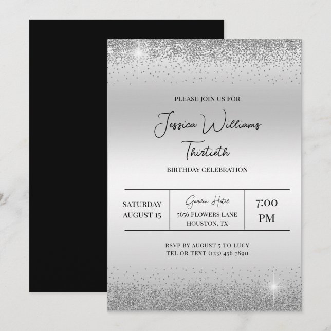 Invitación Cumpleaños de Confetti y Esparkles Plateados (Anverso / Reverso)