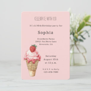 Invitación Cumpleaños de Cono de Helado de Fresa