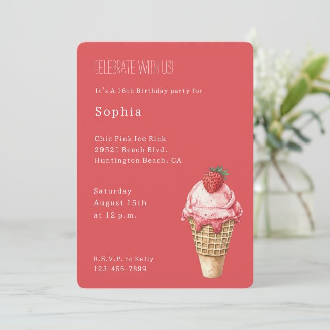 Invitación Cumpleaños de Cono de Helado de Fresa (Anverso de pie)