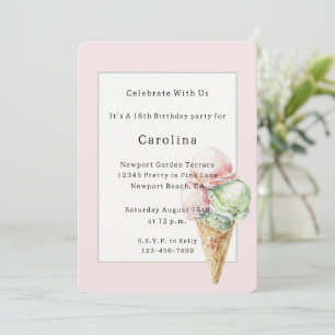 Invitación Cumpleaños de cono de helado de menta rosa  