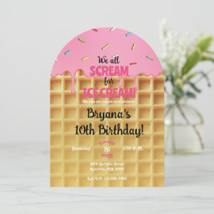 Invitación Cumpleaños de Cono de Waffle de Helado de Fresa