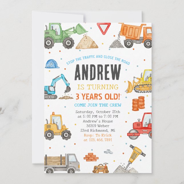 Invitación Cumpleaños de Construcción Moderna Personalizada (Anverso)