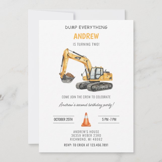 Invitación Cumpleaños de Construcción Simple Moderna Personal (Anverso)
