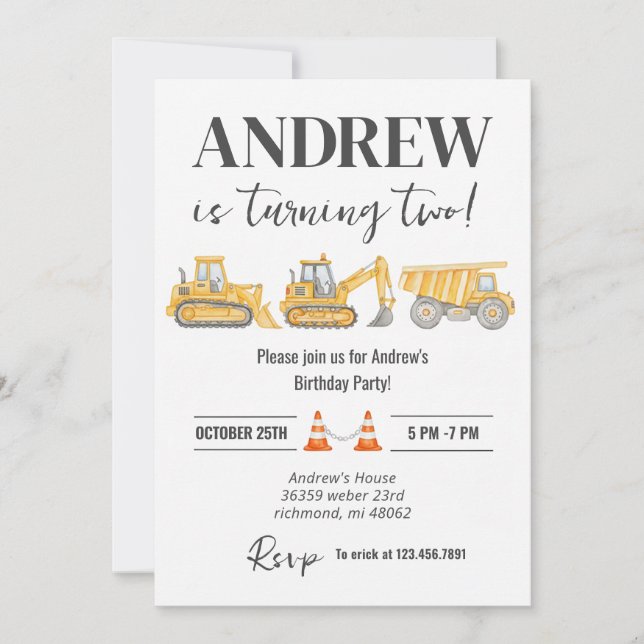 Invitación Cumpleaños de Construcción Simple Moderno Personal (Anverso)