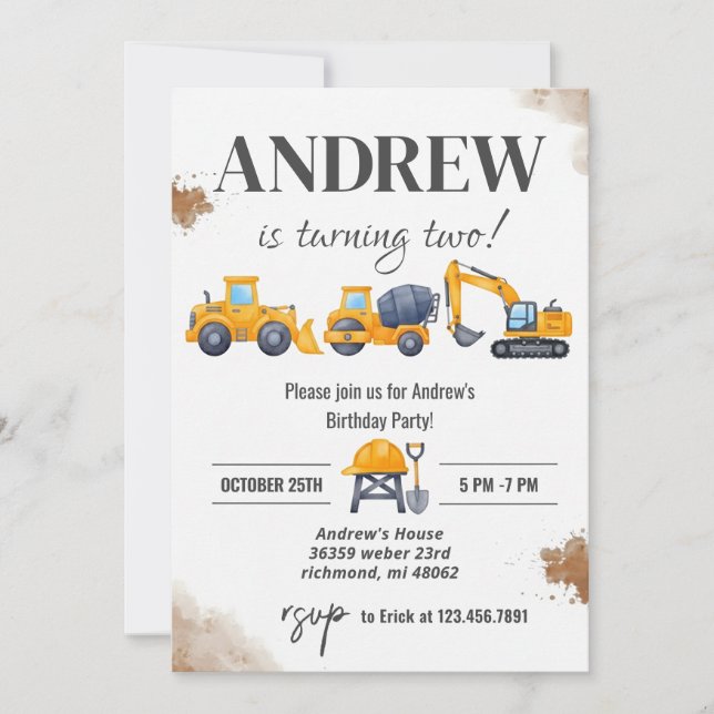 Invitación Cumpleaños de Construcción Simple Moderno Personal (Anverso)