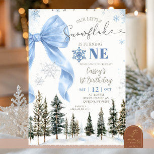 Invitación Cumpleaños de copo de nieve con lazo caprichoso az