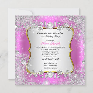 Invitación Cumpleaños de copo de nieve plateado rosa de invie
