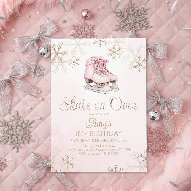 Invitación Cumpleaños de copos de nieve con hielo rosa y bril (Subido por el creador)