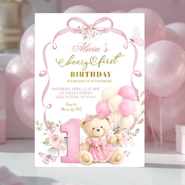 Invitación Cumpleaños de Coquette con Lazo Floral Rosa Primer (Subido por el creador)