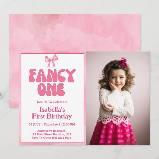 Invitación Cumpleaños de Coquette Girl con Lazo Rosa 1er  (Anverso / Reverso)