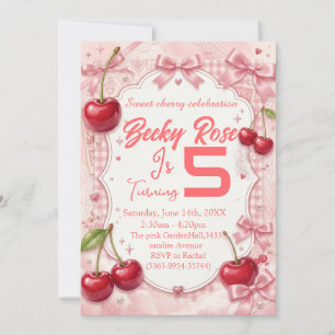 Invitación Cumpleaños de Coquette Pink Gingham Cherry