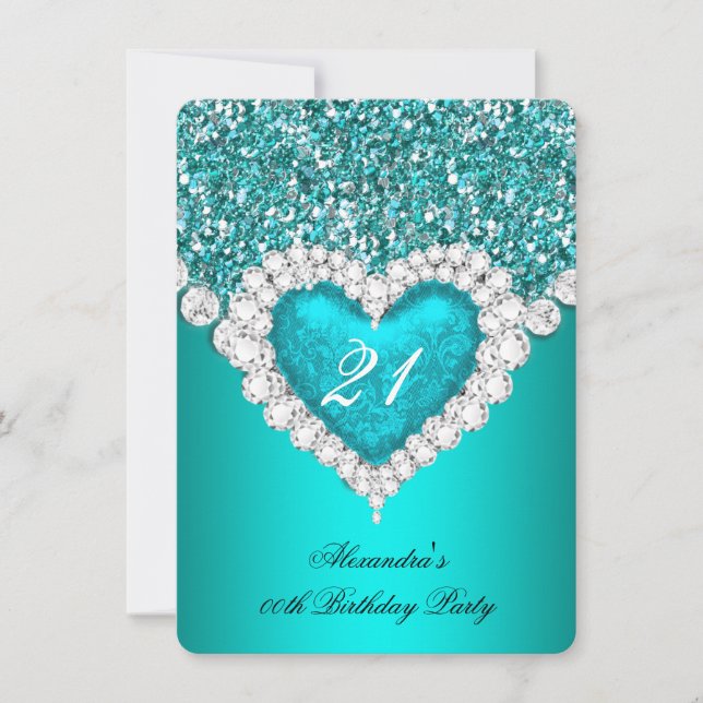 Invitación Cumpleaños de Corazón de Diamante Azul Teal Brilla (Anverso)