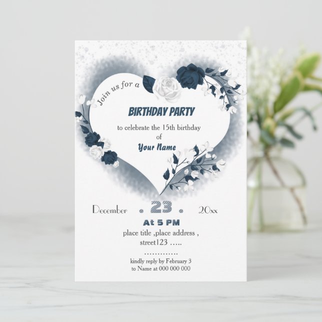 Invitación cumpleaños de corazón floral y naval elegante (Anverso de pie)