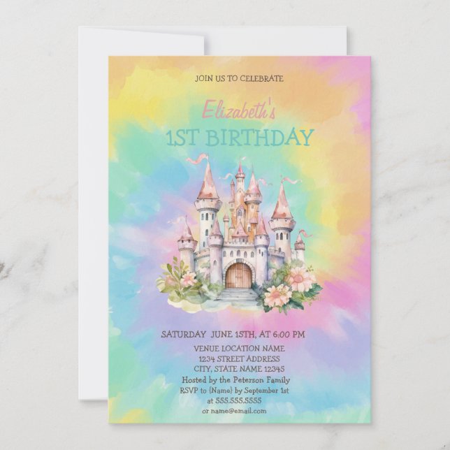 Invitación Cumpleaños de Corbata Tinte Castillo Floral Acuare (Anverso)