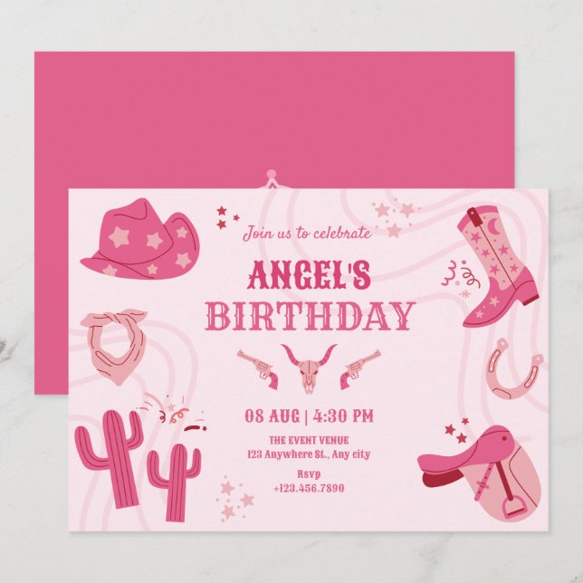 Invitación cumpleaños de cowgirl rosa (Anverso / Reverso)