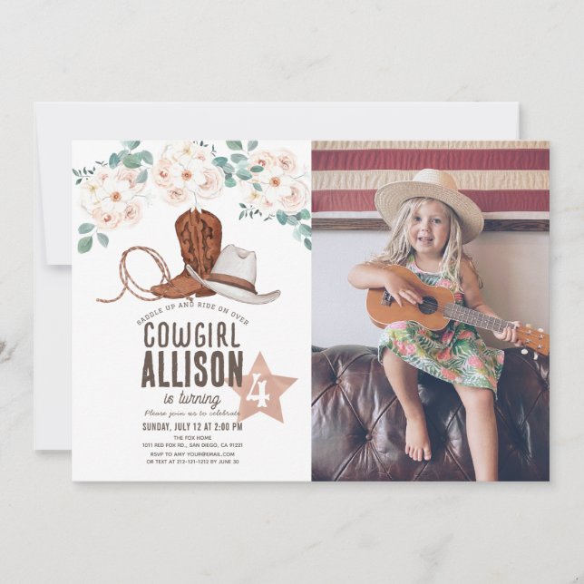 Invitación Cumpleaños de Cowgirl Western Wild West Floral (Anverso)