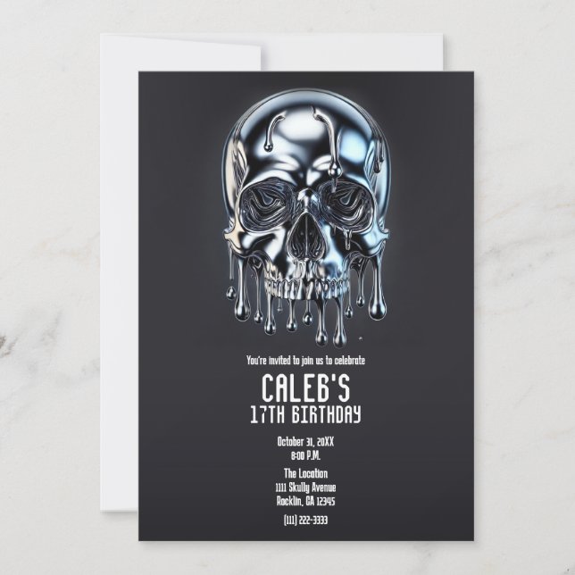Invitación Cumpleaños de cráneo con goteo de plata cromada lí (Anverso)