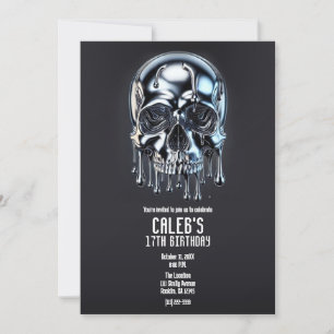 Invitación Cumpleaños de cráneo con goteo de plata cromada lí