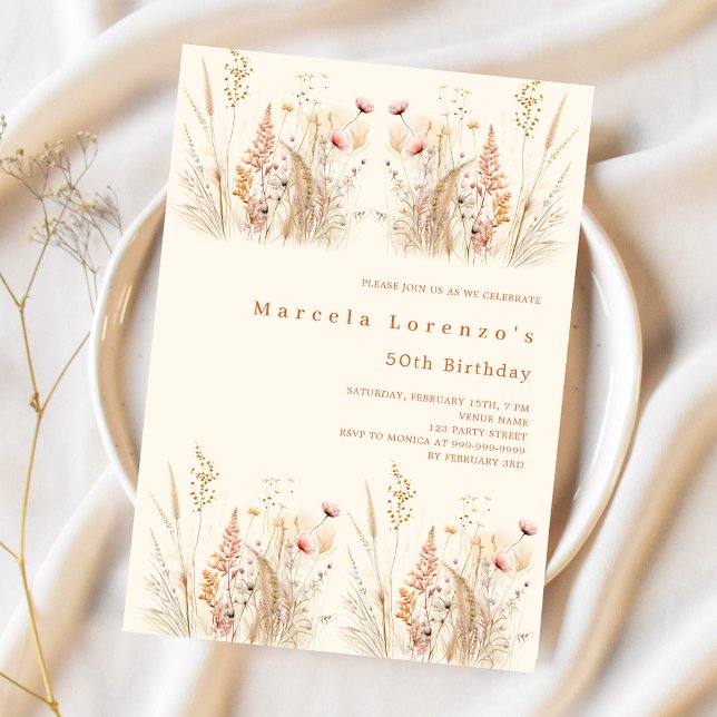 Invitación Cumpleaños de crema de melocotón con flores silves (Subido por el creador)