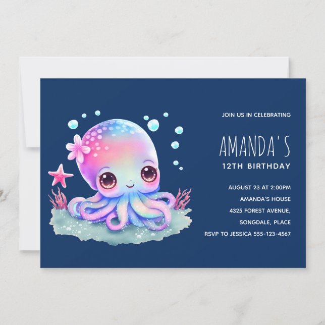 Invitación Cumpleaños de criatura marina pulpo lindo (Anverso)