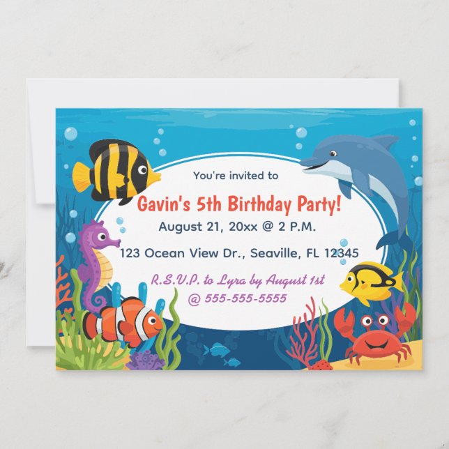 Invitación Cumpleaños de criaturas del océano editables (Anverso)