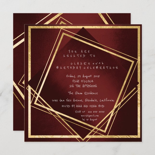 Invitación Cumpleaños de cuadrado dorado de geometría granate (Anverso / Reverso)