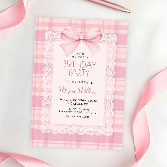 Invitación Cumpleaños de cuadros con lazo rosa (Subido por el creador)