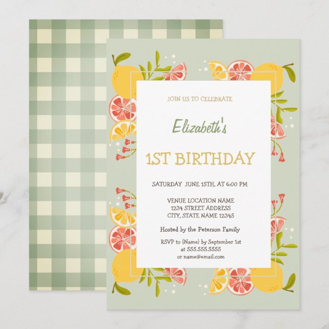 Invitación Cumpleaños de cuadros escoceses naranjas limones a (Anverso / Reverso)
