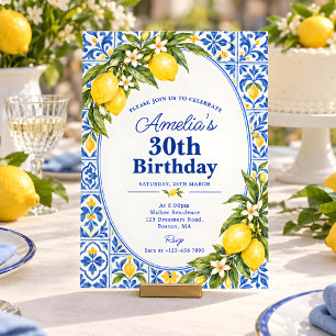 Invitación Cumpleaños de cualquier edad con azulejo azul y li